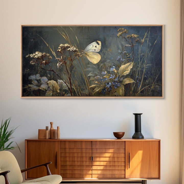 Garden Butterfly and Flowers Specimen Study Framed Canvas Print, Guest Bedroom Art, Farmhouse Wall Art, Bedroom Decor, Guest, GBA-2x1-67