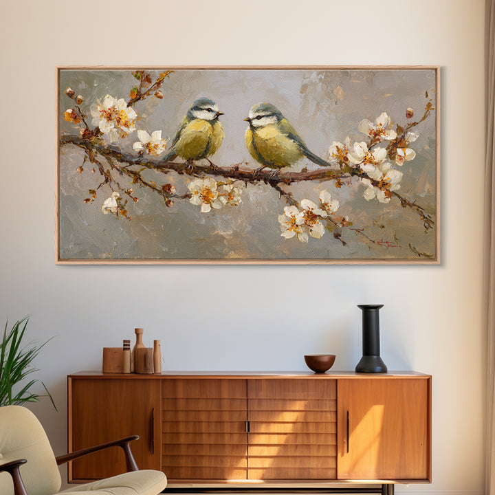 Small Bird Pair on Flowering Branch Framed Canvas Print, Guest Bedroom Art, Bedroom Decor, Watercolor Art, Guest, GBA-2x1-72