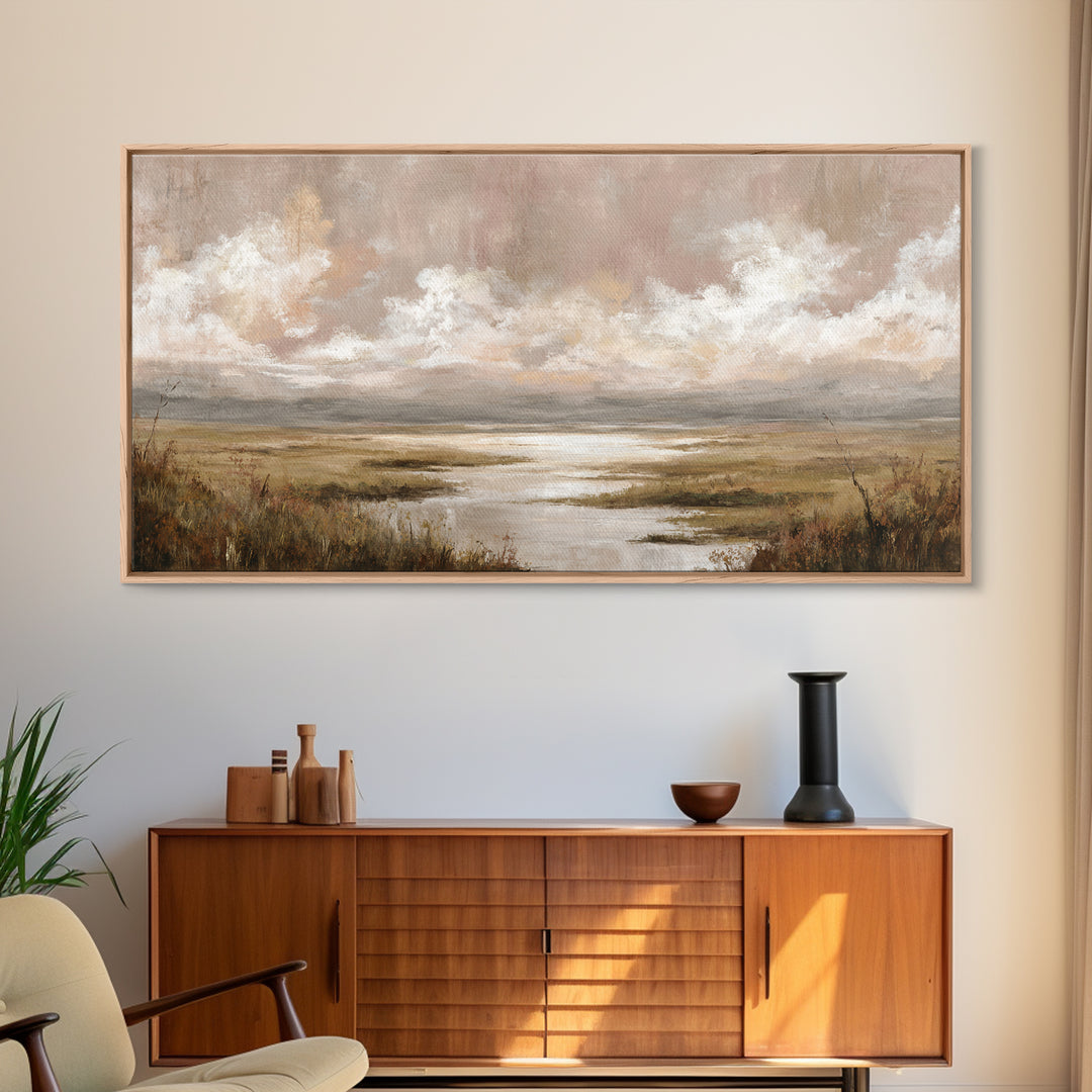Romantic Cloudscape in Blush and Ivory Framed Canvas Print, Guest Bedroom Art, Minimalist Wall Art, Bedroom Decor, Guest, GBA-2x1-79