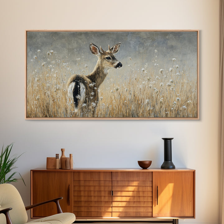 Sunlit Meadow with Delicate Flowers Framed Canvas Print, Guest Bedroom Art, Bedroom Decor, Oil Painting, Guest, GBA-2x1-83