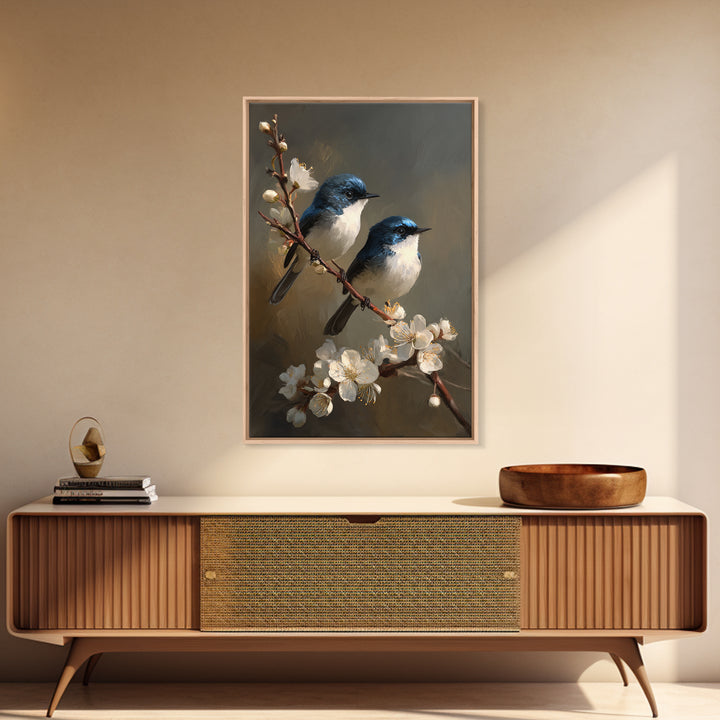 Small Bird Pair on Flowering Branch Framed Canvas Print, Guest Bedroom Art, Minimalist Decor, Bedroom Decor, Fine Art, Guest, GBA-2x3-12