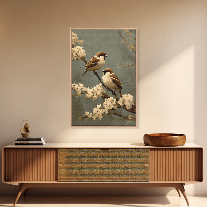 Small Bird Pair on Flowering Branch Framed Canvas Print, Guest Bedroom Art, Wall Art, Bedroom Decor, Watercolor Art, Guest, GBA-2x3-60