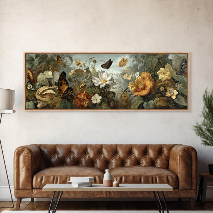 Garden Butterfly and Flowers Specimen Study Framed Canvas Print, Guest Bedroom Art, Farmhouse Wall Art, Bedroom Decor, Guest, GBA-3x1-15