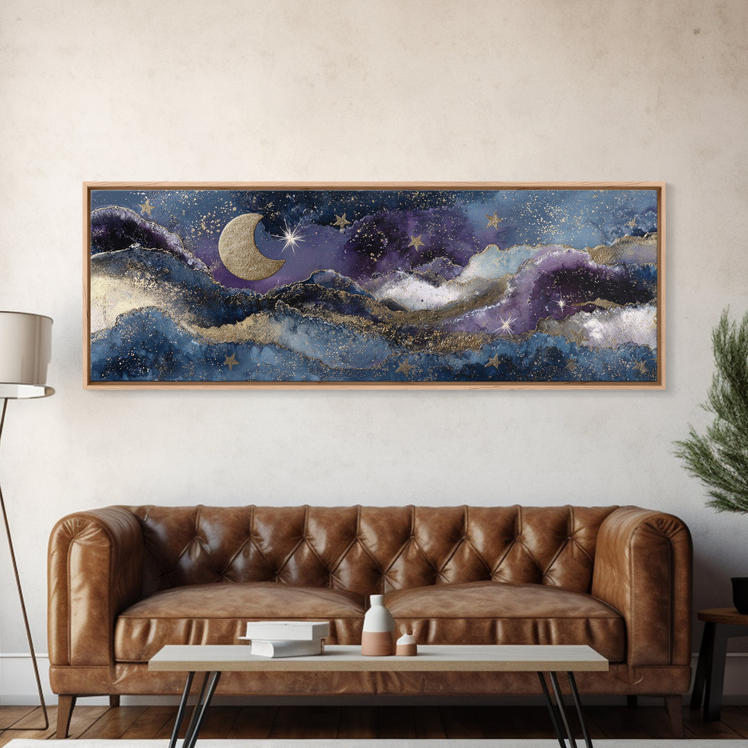 Minimal Moon and Stars Composition Framed Canvas Print, Guest Bedroom Art, New Home, Bedroom Decor, Watercolor Art, Guest, GBA-3x1-32