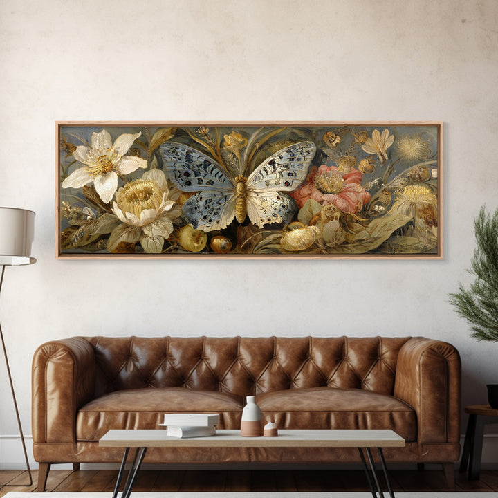 Garden Butterfly and Flowers Specimen Study Canvas Print, Guest Bedroom Art, Fine Art Print, Bedroom Decor, Oil Painting, Guest, GBA-3x1-39