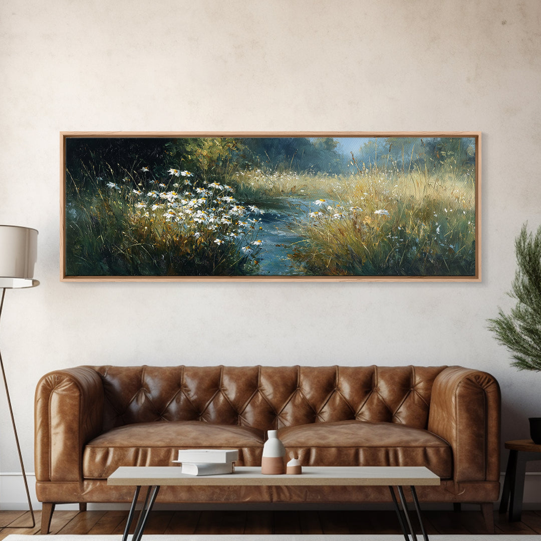 Sunlit Meadow with Delicate Flowers Framed Canvas Print, Guest Bedroom Art, Bedroom Decor, Oil Painting, Guest, GBA-3x1-55