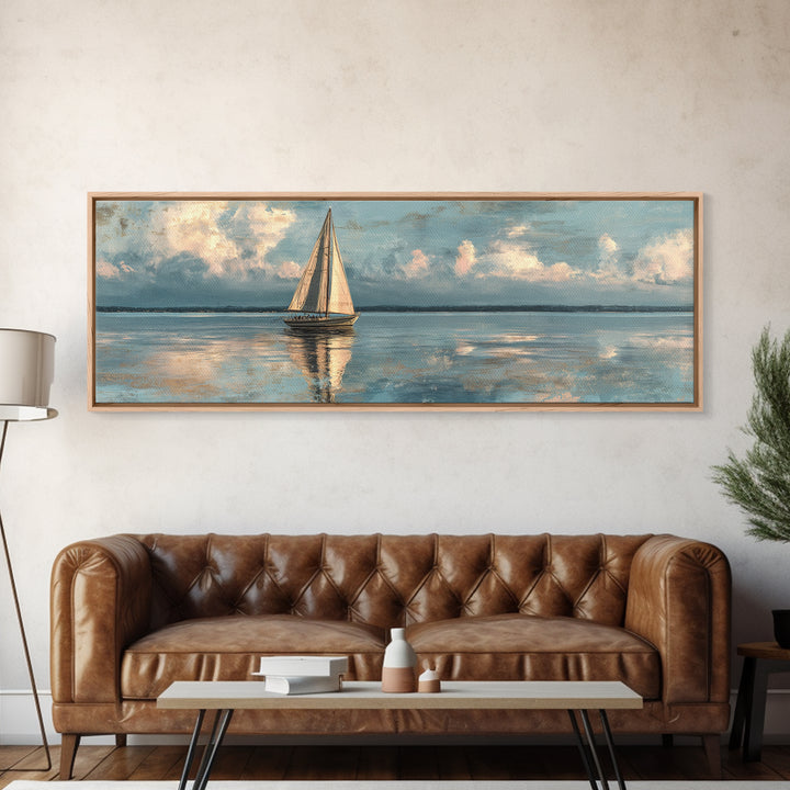 Soft Watercolor Sailboat on Quiet Water Framed Canvas Print, Guest Bedroom Art, New Home Gift, Bedroom Decor, Fine Art, Guest, GBA-3x1-58