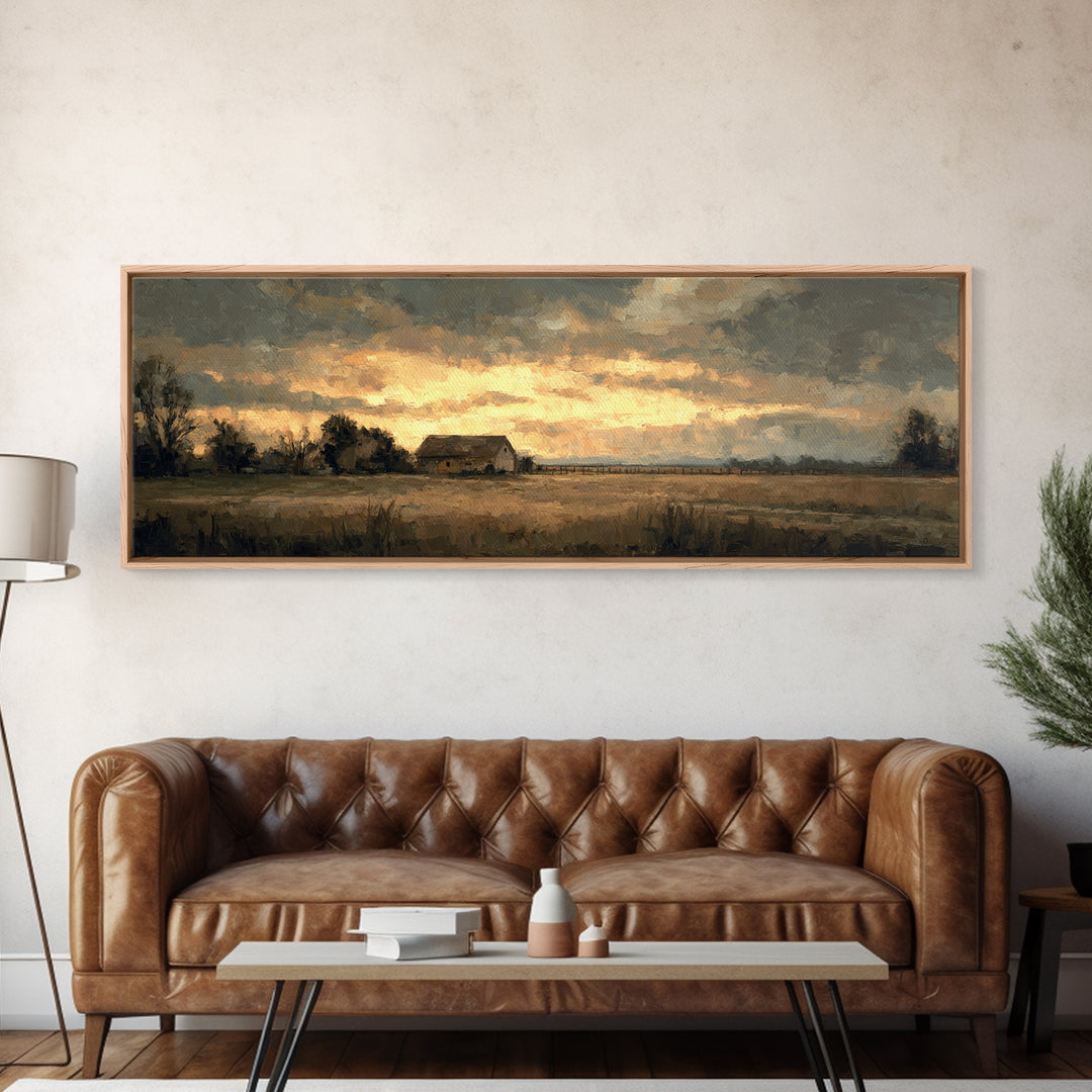 Quiet Horse Pasture at Sunset Canvas Print, Guest Bedroom Art, Farmhouse Wall Decor, Bedroom Decor, Oil Painting, Guest, GBA-3x1-61