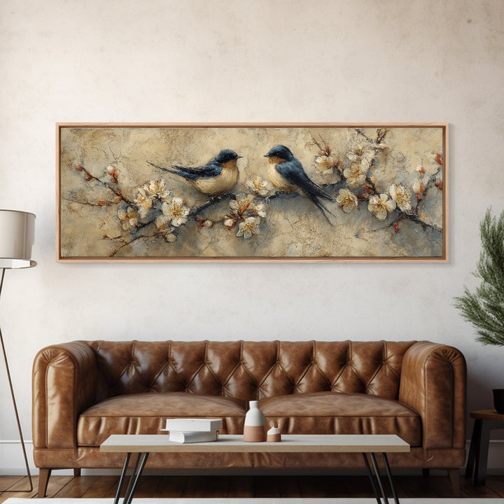 Small Bird Pair on Flowering Branch Framed Canvas Print, Guest Bedroom Art, Contemporary Art, Bedroom Decor, Fine Art, Guest, GBA-3x1-68