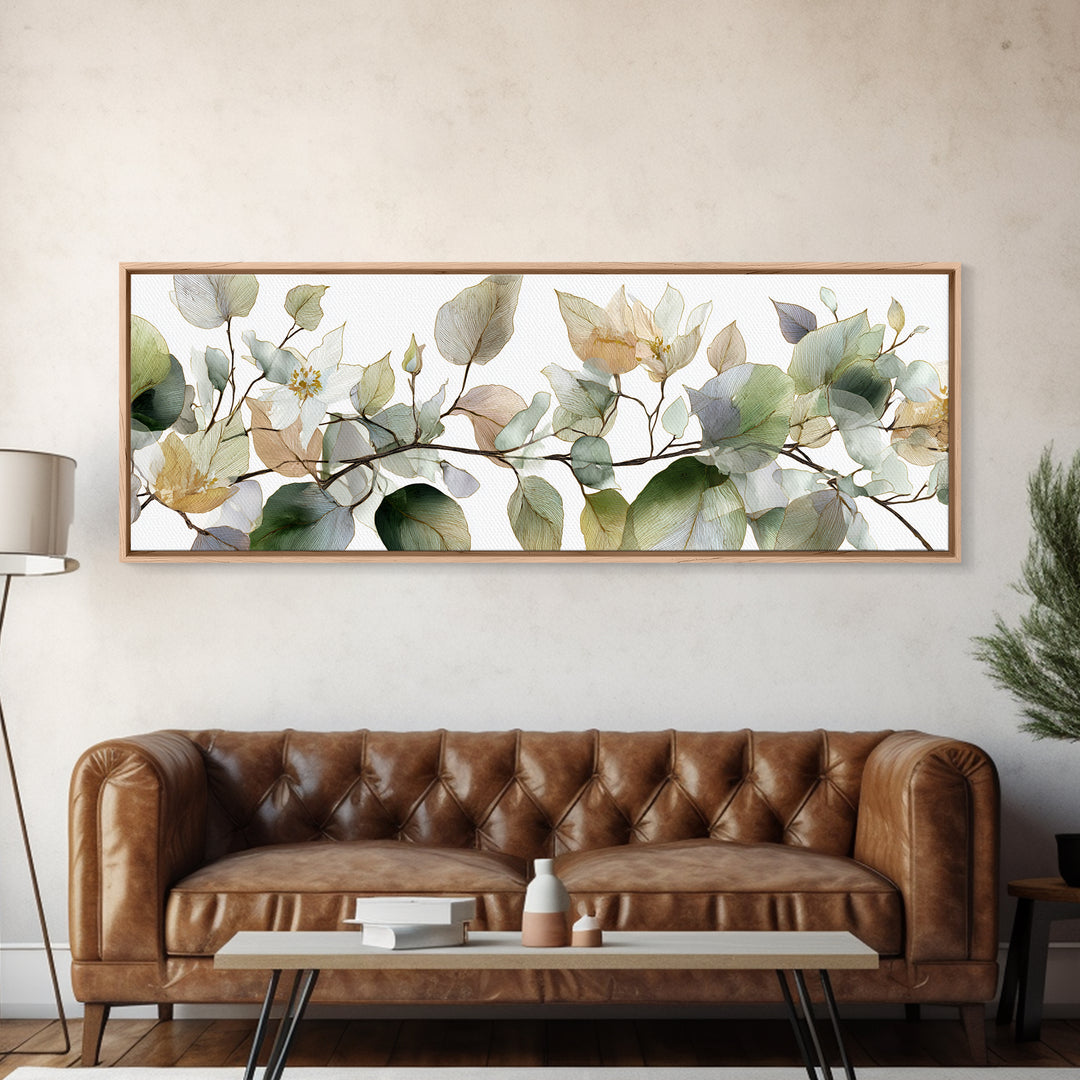 Calming Eucalyptus Watercolor Branches Framed Canvas Print, Guest Bedroom Art, Pink Wall Art, Bedroom Decor, Fine Art, Guest, GBA-3x1-74