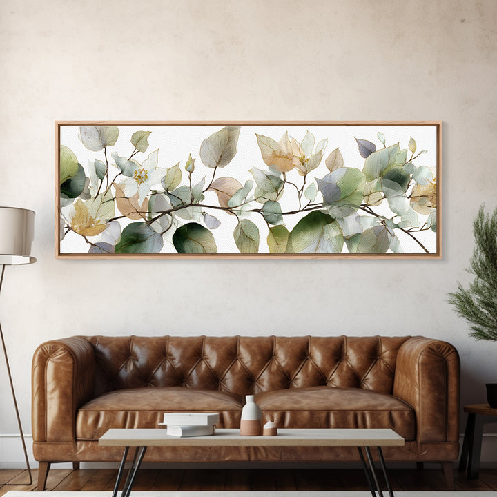 Calming Eucalyptus Watercolor Branches Framed Canvas Print, Guest Bedroom Art, Pink Wall Art, Bedroom Decor, Fine Art, Guest, GBA-3x1-74