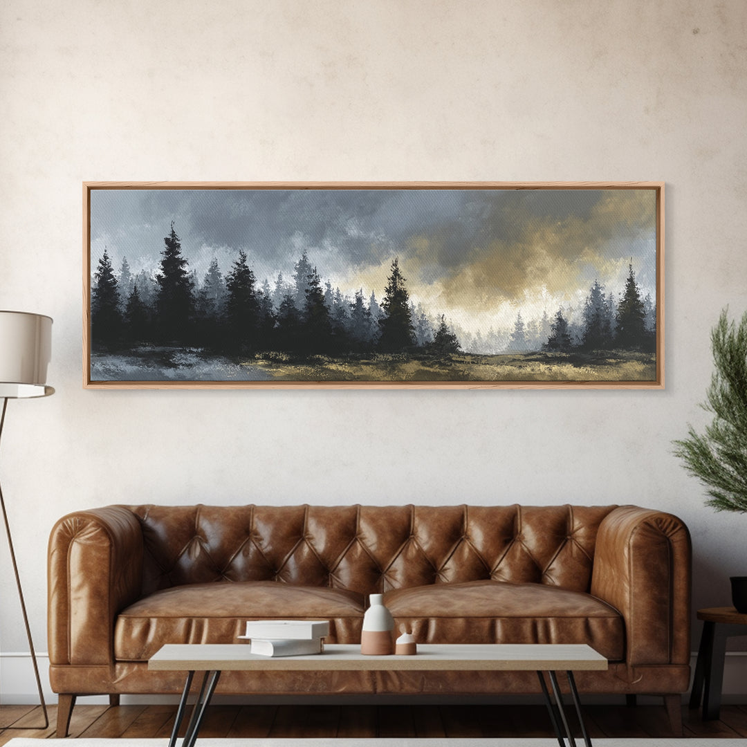 Monochrome Forest Silhouette Framed Canvas Print, Guest Bedroom Art, Bedroom Wall Decor, Bedroom Decor, Oil Painting, Guest, GBA-3x1-77