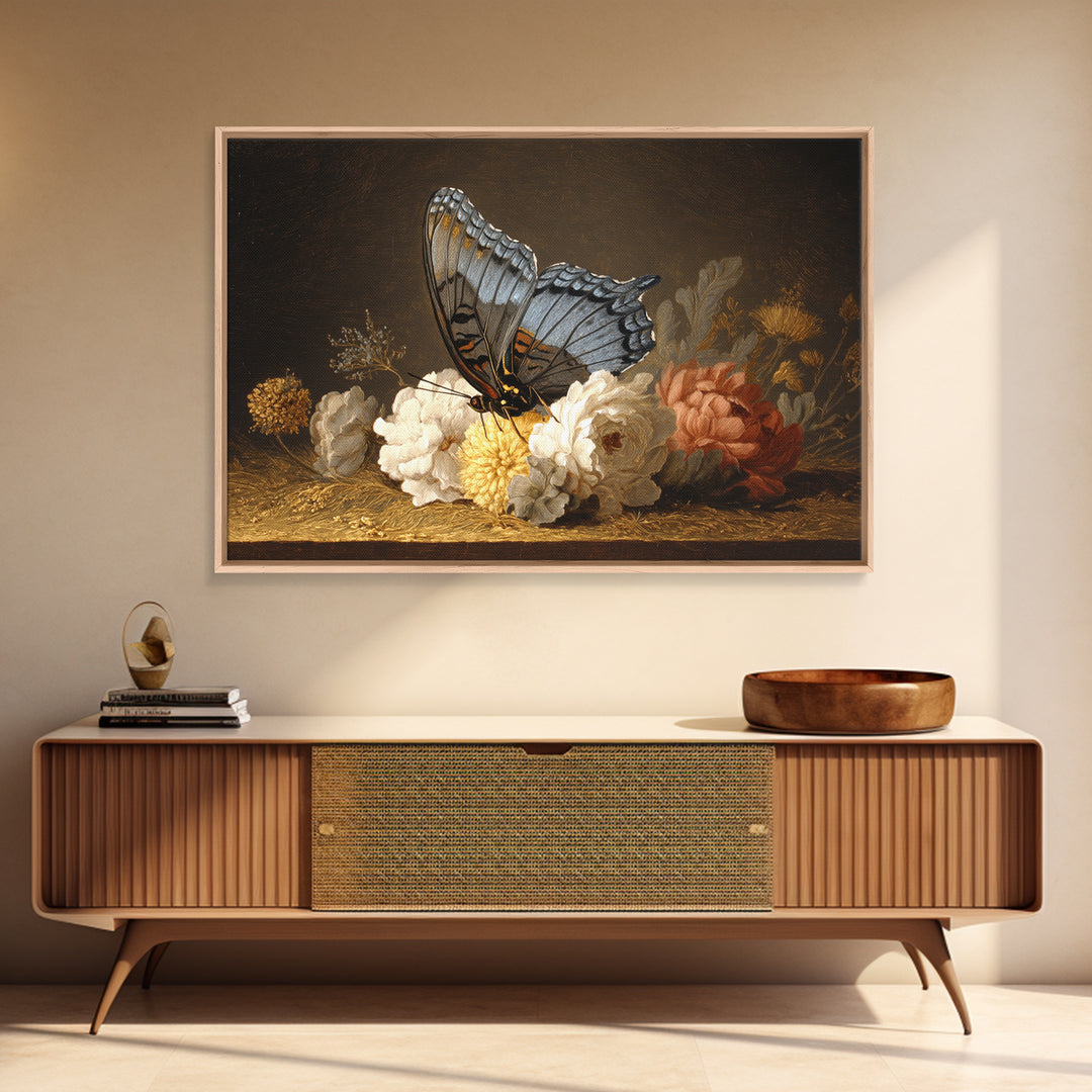 Garden Butterfly and Flowers Specimen Study Framed Canvas Print, Guest Bedroom Art, Bedroom Wall Art, Bedroom Decor, Guest, GBA-3x2-27