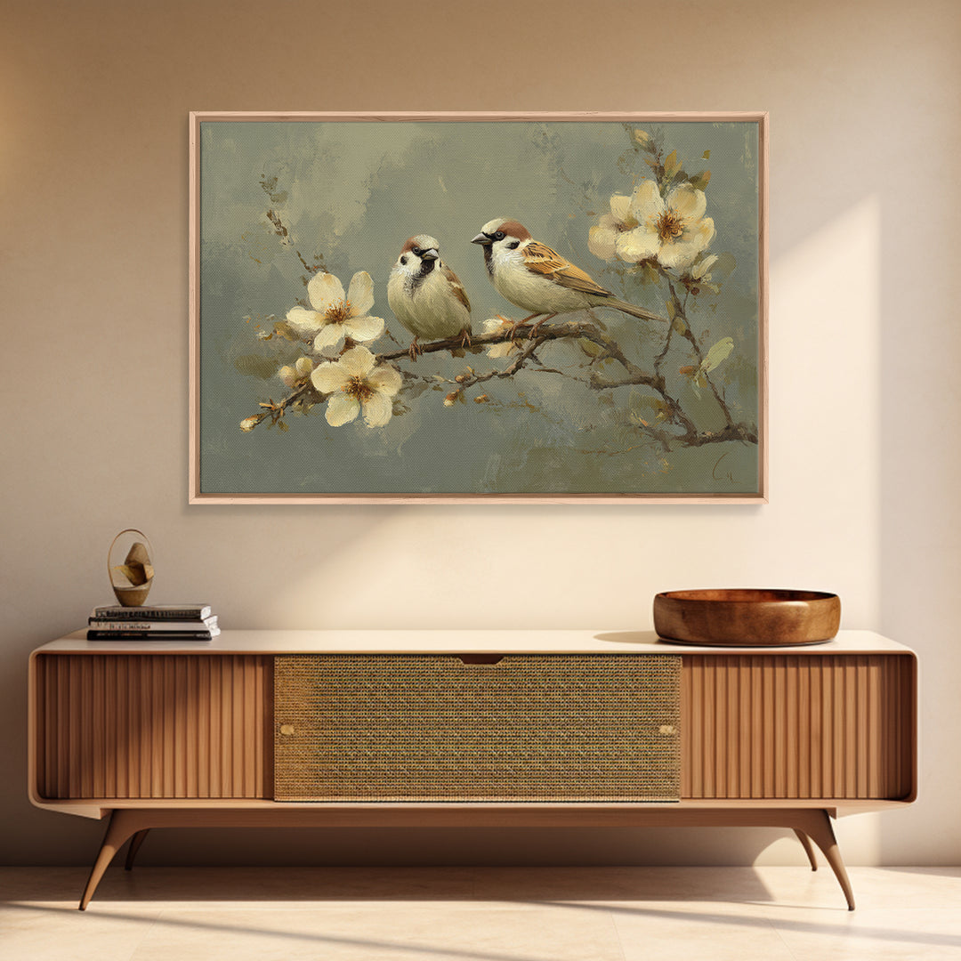 Small Bird Pair on Flowering Branch Canvas Print, Guest Bedroom Art, Set of 3 Wall Art, Bedroom Decor, Oil Painting, Guest, GBA-3x2-32