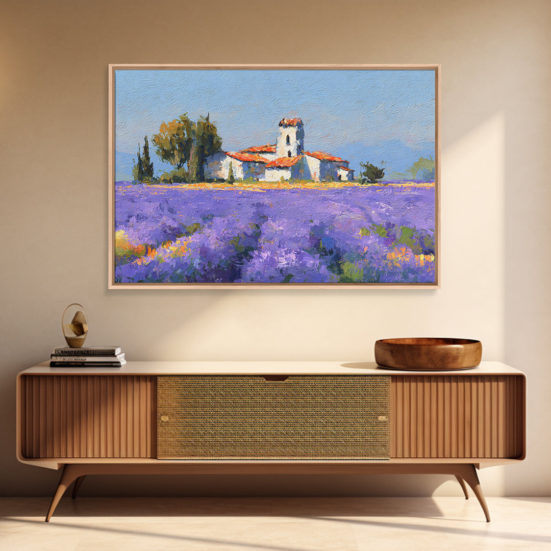 Lavender Field under Pale Sky Framed Canvas Print, Guest Bedroom Art, Living Room Wall Art, Bedroom Decor, Watercolor Art, GBA-3x2-71
