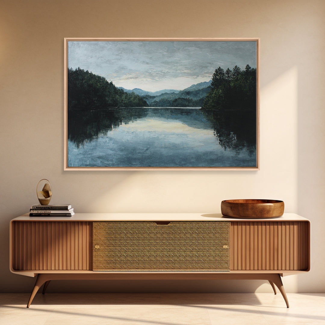 Quiet Lake Landscape at Early Morning Framed Canvas Print, Guest Bedroom Art, Farmhouse Wall Decor, Bedroom Decor, Guest, GBA-3x2-78