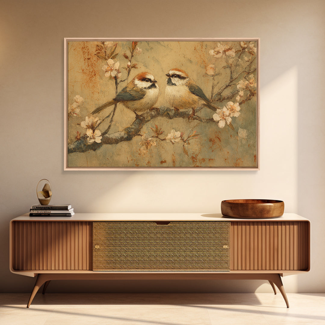 Small Bird Pair on Flowering Branch Framed Canvas Print, Guest Bedroom Art, Statement Artwork, Bedroom Decor, Fine Art, Guest, GBA-3x2-80
