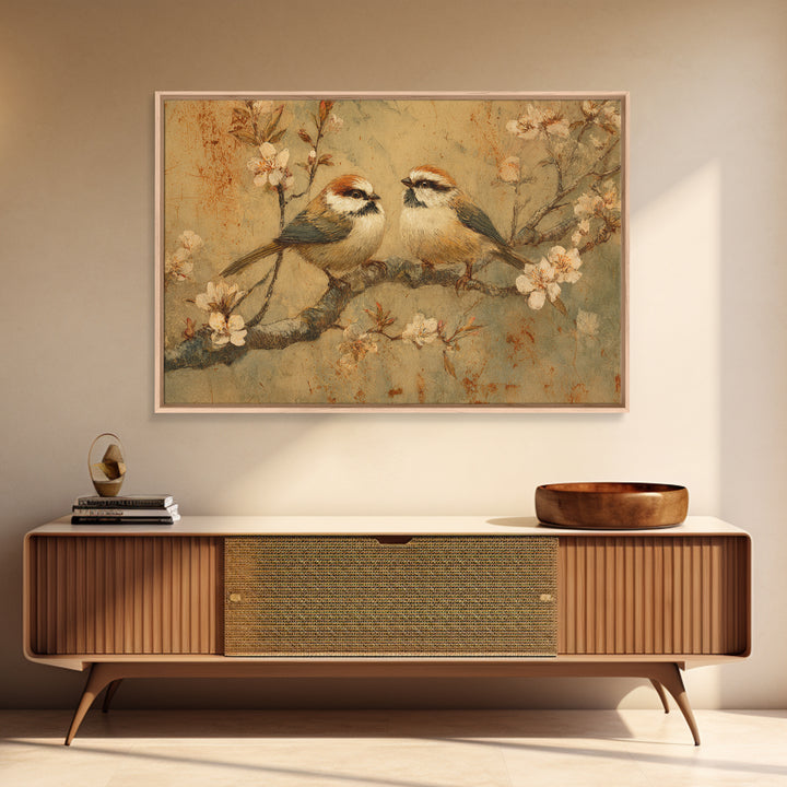 Small Bird Pair on Flowering Branch Framed Canvas Print, Guest Bedroom Art, Statement Artwork, Bedroom Decor, Fine Art, Guest, GBA-3x2-80