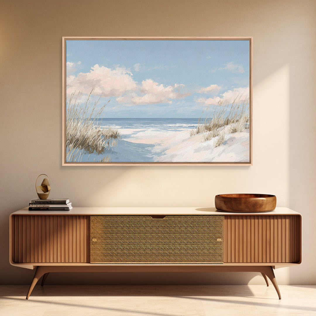 Coastal Dunes in Pale Blue and Sand Framed Canvas Print, Guest Bedroom Art, Farmhouse Decor, Bedroom Decor, Fine Art, Guest, GBA-3x2-9