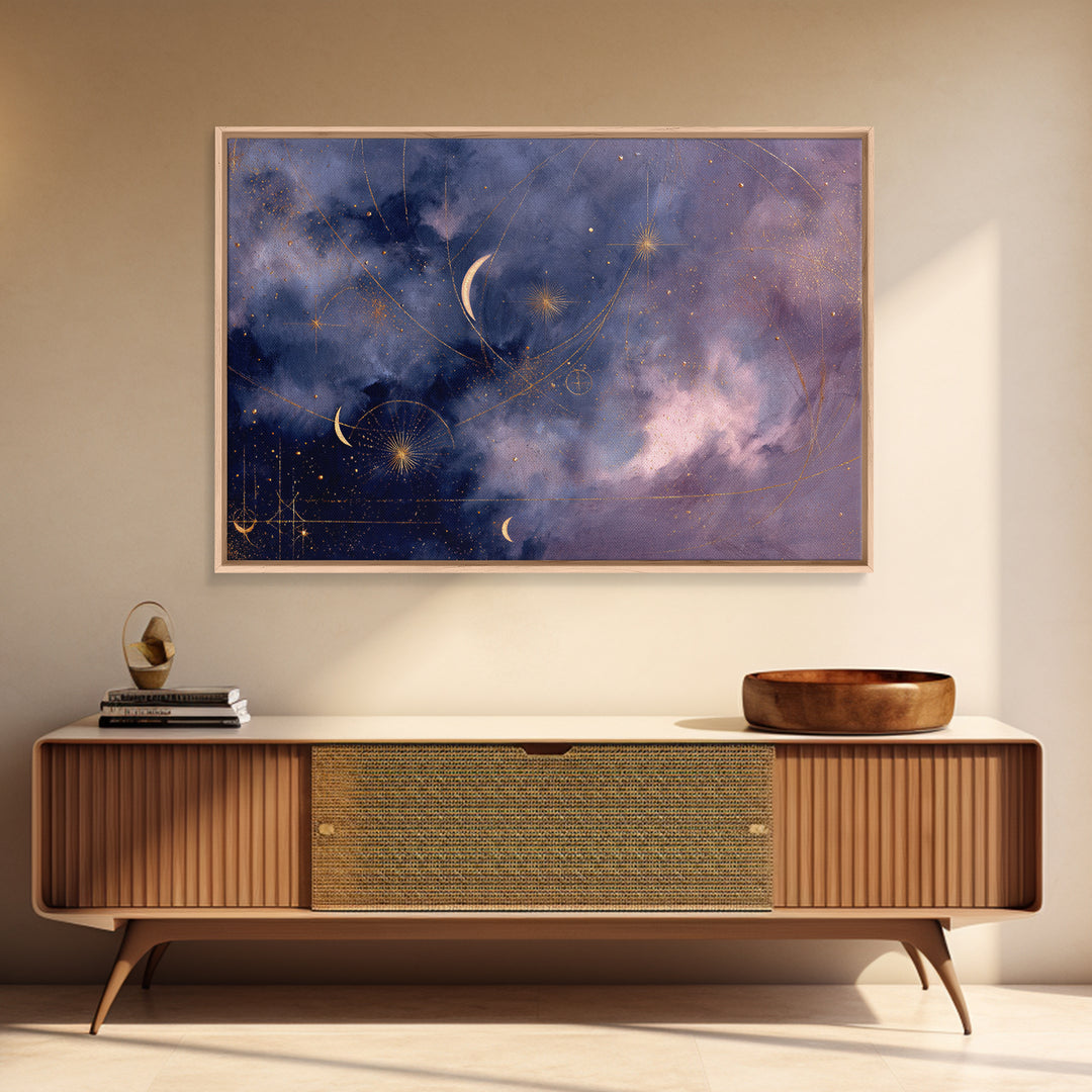 Minimal Moon and Stars Composition Framed Canvas Print, Guest Bedroom Art, Luxury Decor, Bedroom Decor, Fine Art, Guest, GBA-3x2-92