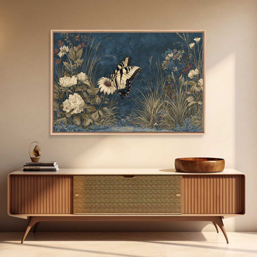 Garden Butterfly and Flowers Specimen Study Framed Canvas Print, Guest Bedroom Art, Minimalist Decor, Bedroom Decor, Guest, GBA-3x2-99
