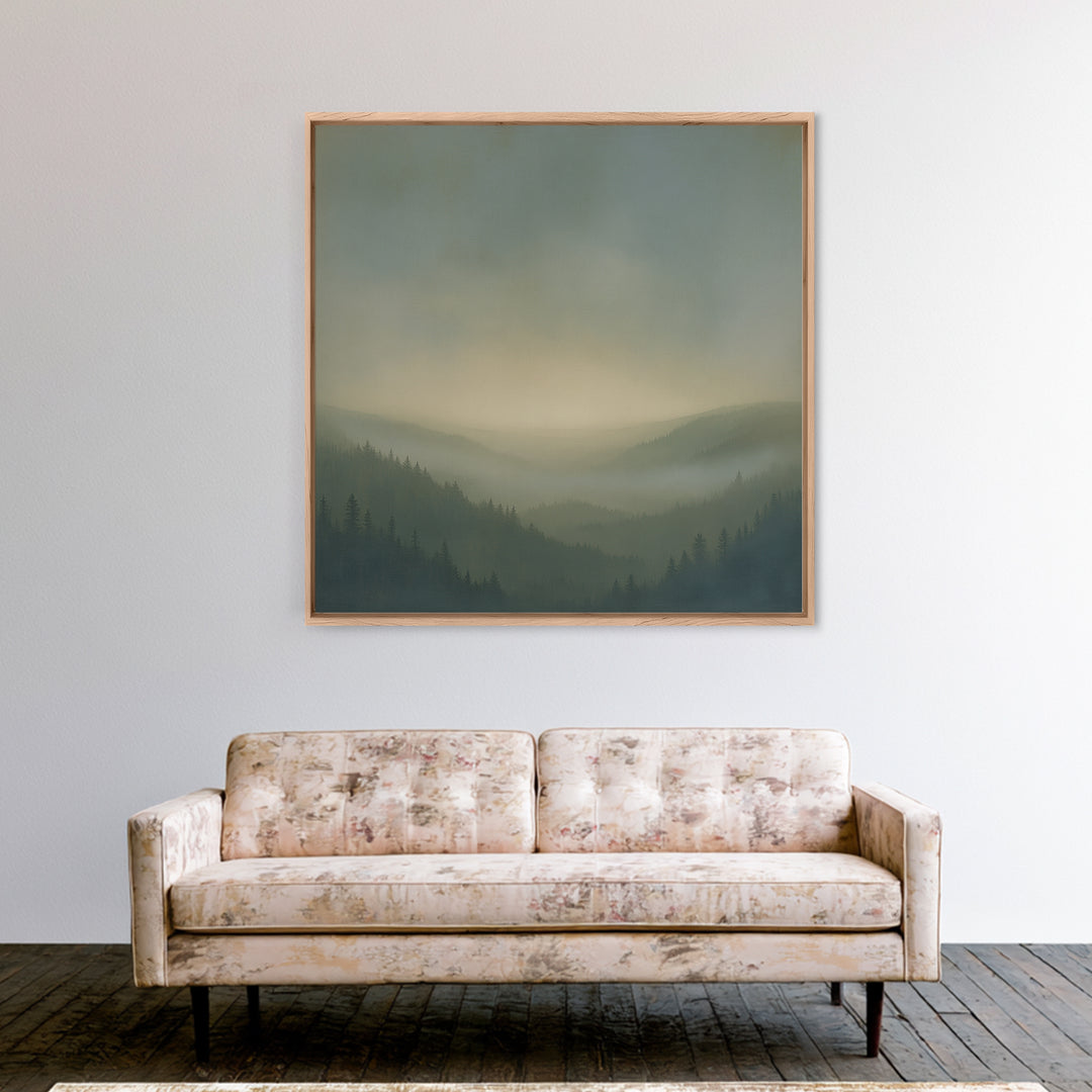 Misty Mountain Valley Framed Canvas Print, General Fine Art, Digital Print, Living Room Decor, Watercolor Art, GEN-1x1-100