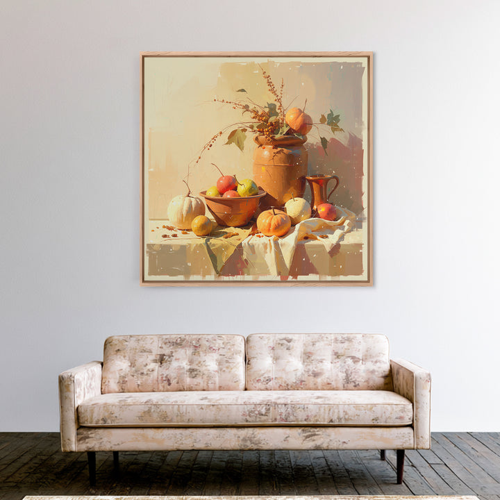 Simple Still Life of Fruit and Linen Framed Canvas Print, General Fine Art, Wall Art Prints, Living Room Decor, Abstract Art, GEN-1x1-16