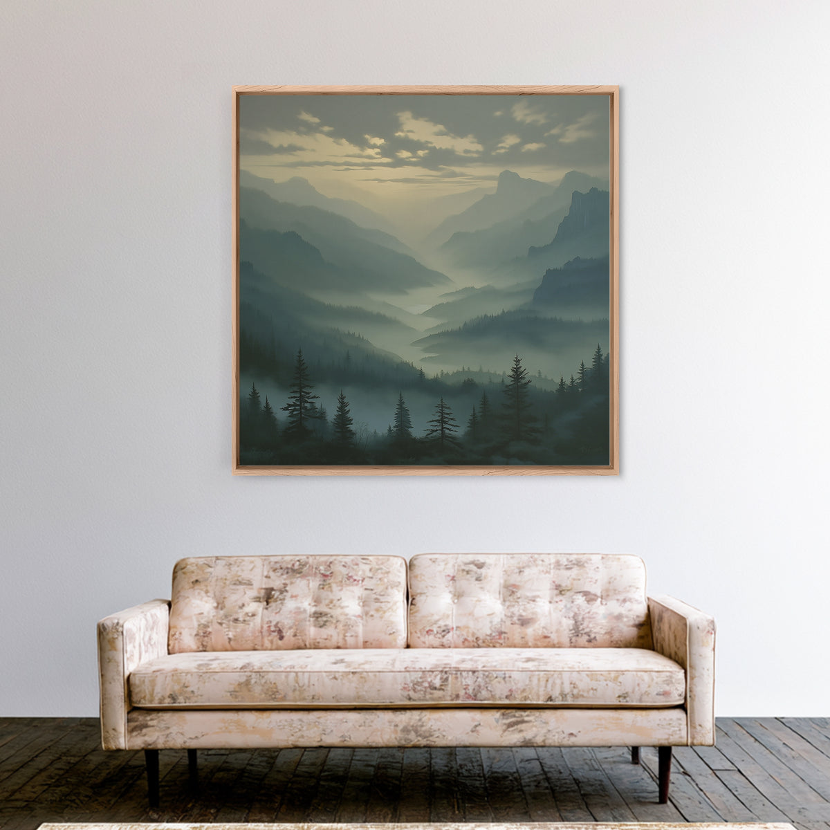 Misty Mountain Valley Framed Canvas Print, General Fine Art, Decor, Living Room Decor, Fine Art, Digital Wall Art, GEN-1x1-28