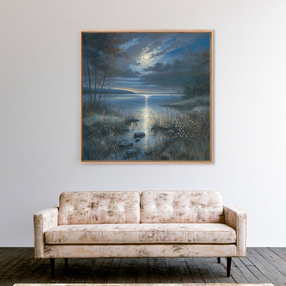 Dreamlike Moonlit Lake Framed Canvas Print, General Fine Art, Boho Decor, Living Room Decor, Fine Art, Wall Decor, GEN-1x1-61