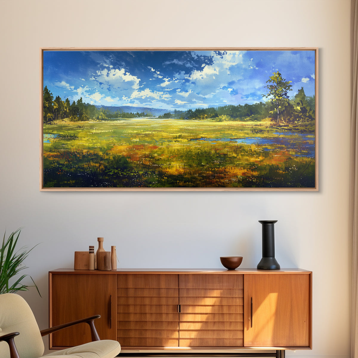 Sunlit Meadow with Loose Impressionist Brushwork Canvas Print, General Fine Art, Contemporary Art, Living Room Decor, GEN-2x1-10