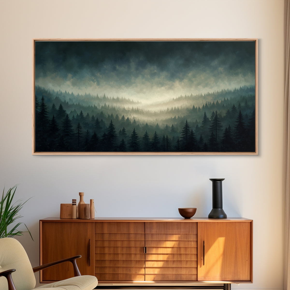 Moody Forest Clearing Framed Canvas Print, General Fine Art, Wall Hanging, Living Room Decor, Oil Painting, Statement Artwork, GEN-2x1-100