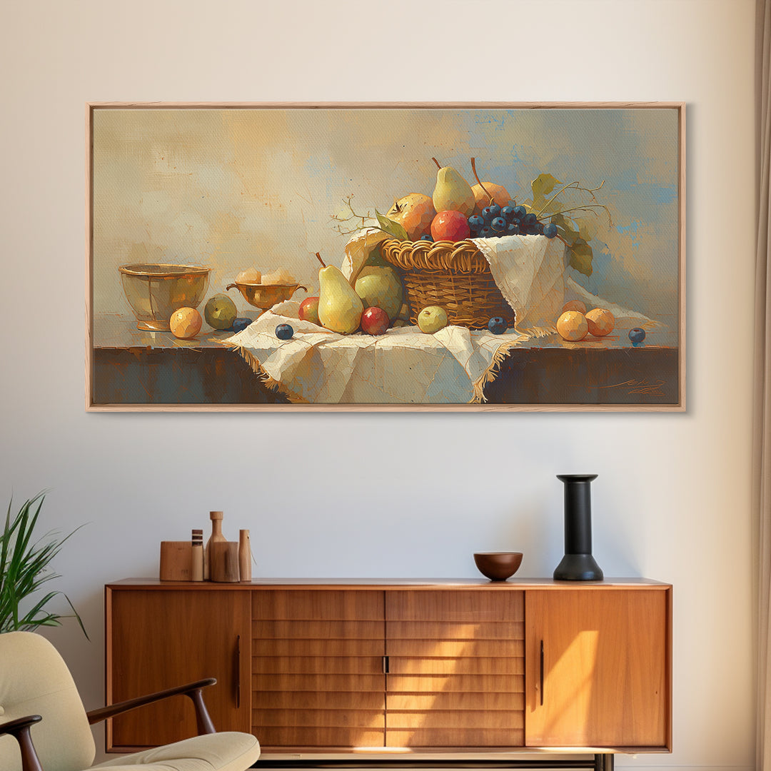 Simple Still Life of Fruit and Linen Framed Canvas Print, General Fine Art, Room Decor, Living Room Decor, Abstract Art, GEN-2x1-12