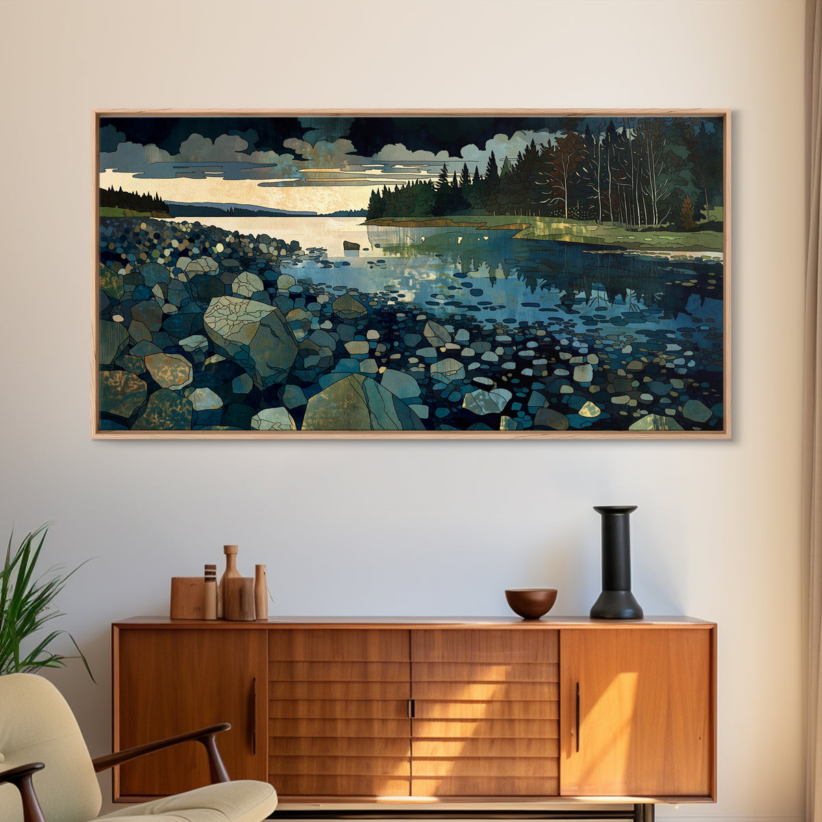 Quiet Abstract River Shape Framed Canvas Print, General Fine Art, Statement Artwork, Living Room Decor, Abstract Art, GEN-2x1-20