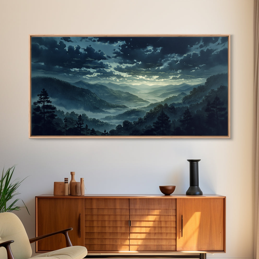 Misty Mountain Valley Framed Canvas Print, General Fine Art, Minimalist Decor, Living Room Decor, Oil Painting, GEN-2x1-24