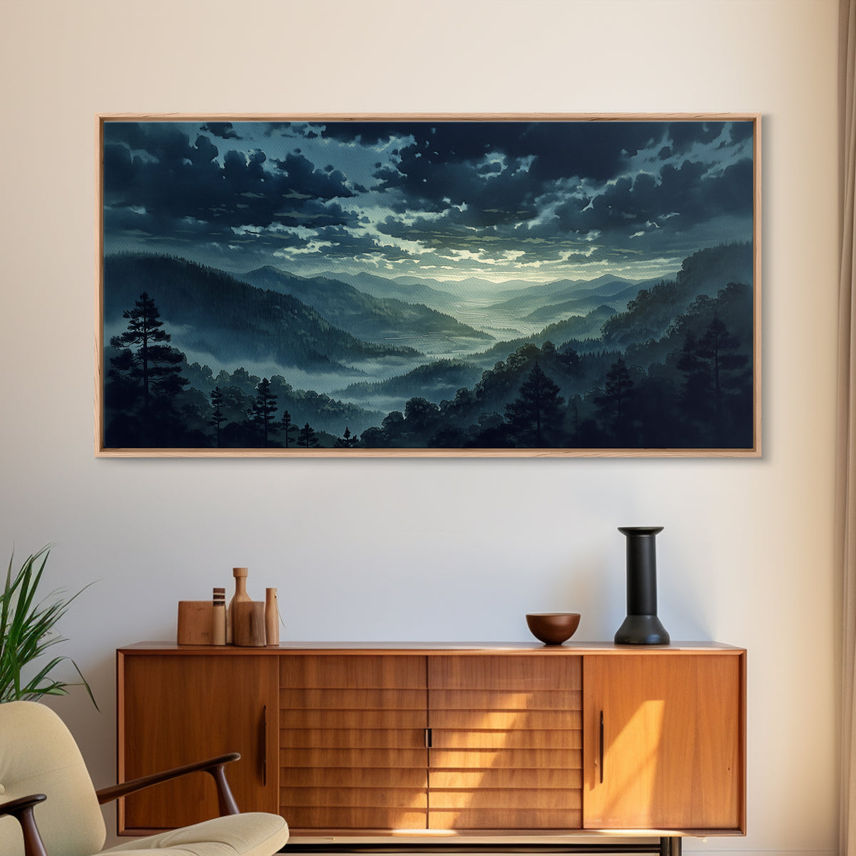 Misty Mountain Valley Framed Canvas Print, General Fine Art, Minimalist Decor, Living Room Decor, Oil Painting, GEN-2x1-24