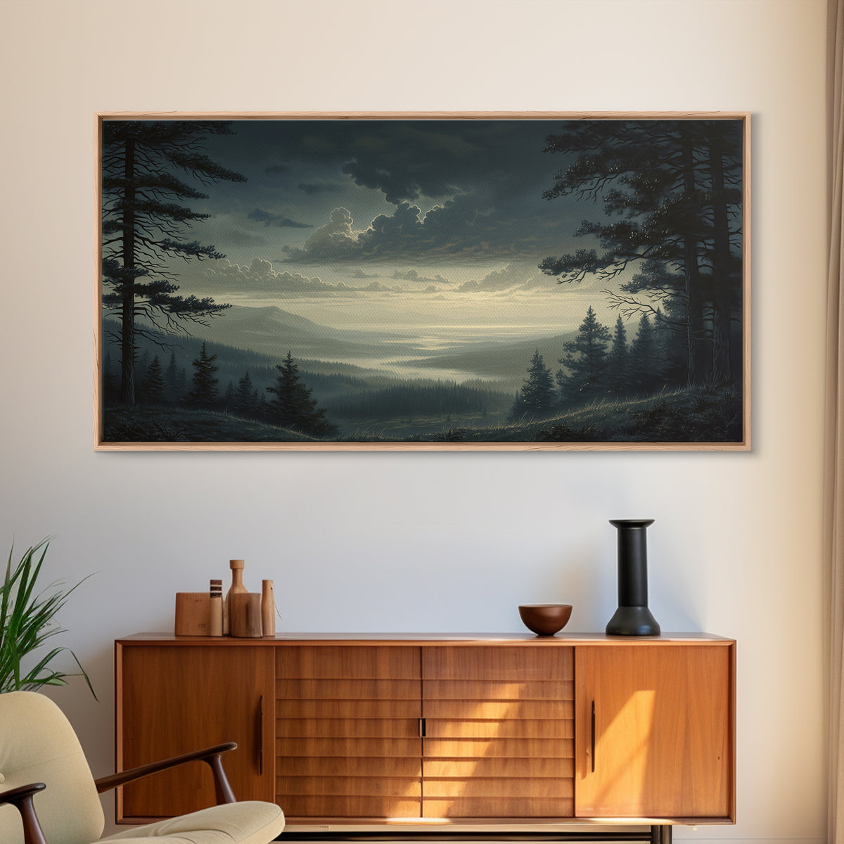 Moody Forest Clearing Framed Canvas Print, General Fine Art, Contemporary Art, Living Room Decor, Fine Art, Digital Art, GEN-2x1-28