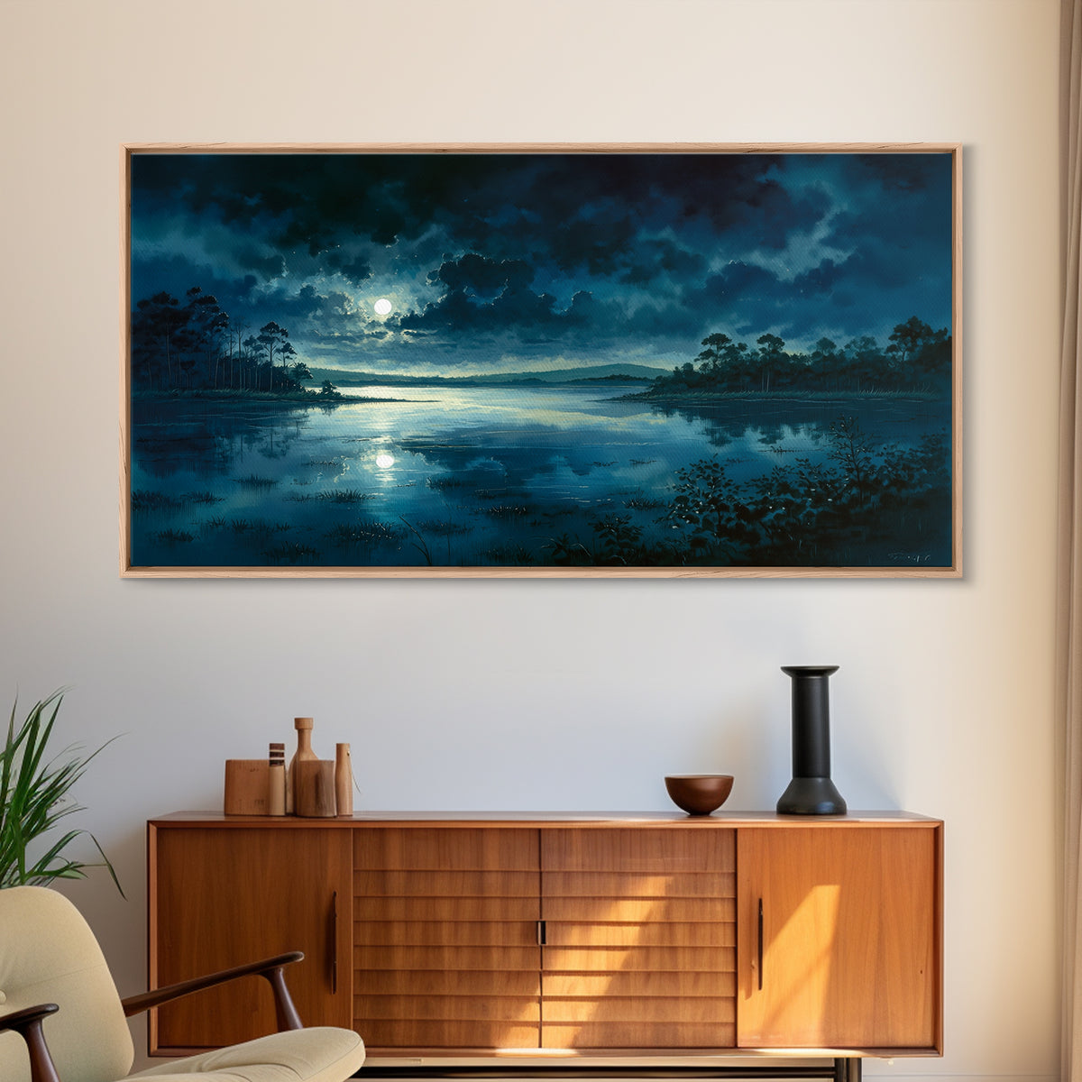 Dreamlike Moonlit Lake Framed Canvas Print, General Fine Art, Art, Living Room Decor, Fine Art, Mid Century Modern, GEN-2x1-33