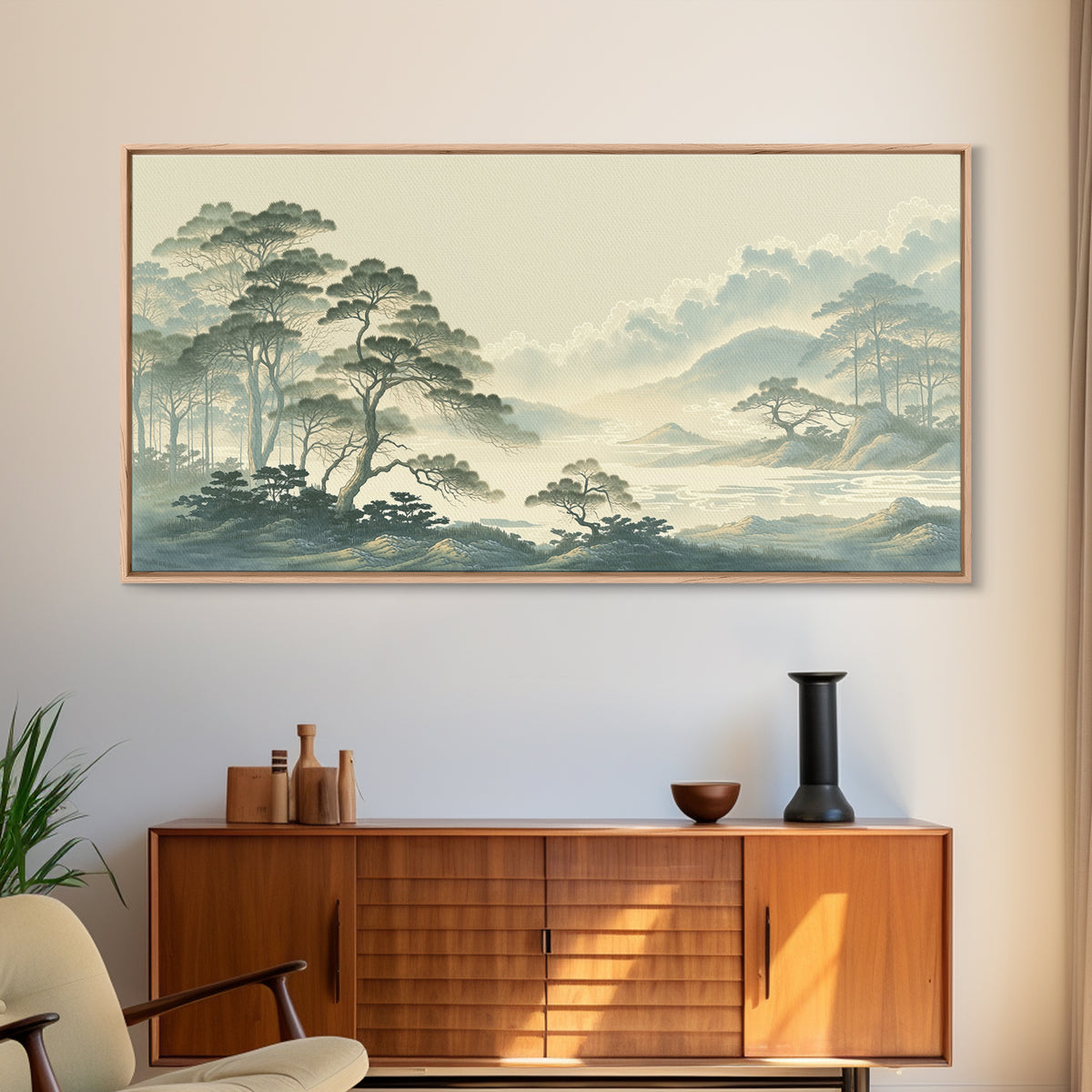 Elegant Ink Wash Landscape Framed Canvas Print, General Fine Art, Poster, Living Room Decor, Fine Art, Wall Art Prints, GEN-2x1-40
