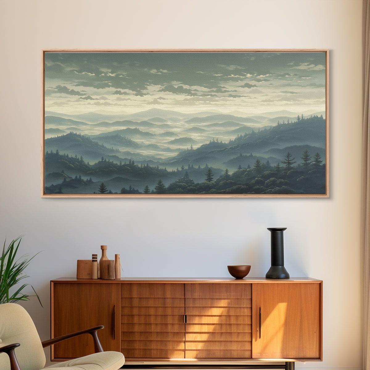 Misty Mountain Valley Framed Canvas Print, General Fine Art, Art Prints, Living Room Decor, Fine Art, Wall Hanging, GEN-2x1-72