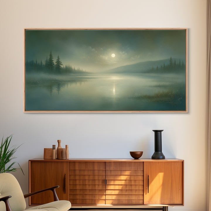 Dreamlike Moonlit Lake Framed Canvas Print, General Fine Art, Wall Art Prints, Living Room Decor, Watercolor Art, GEN-2x1-81