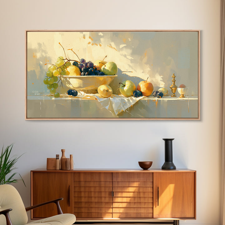 Simple Still Life of Fruit and Linen Framed Canvas Print, General Fine Art, Oil Painting, Living Room Decor, Abstract Art, GEN-2x1-84