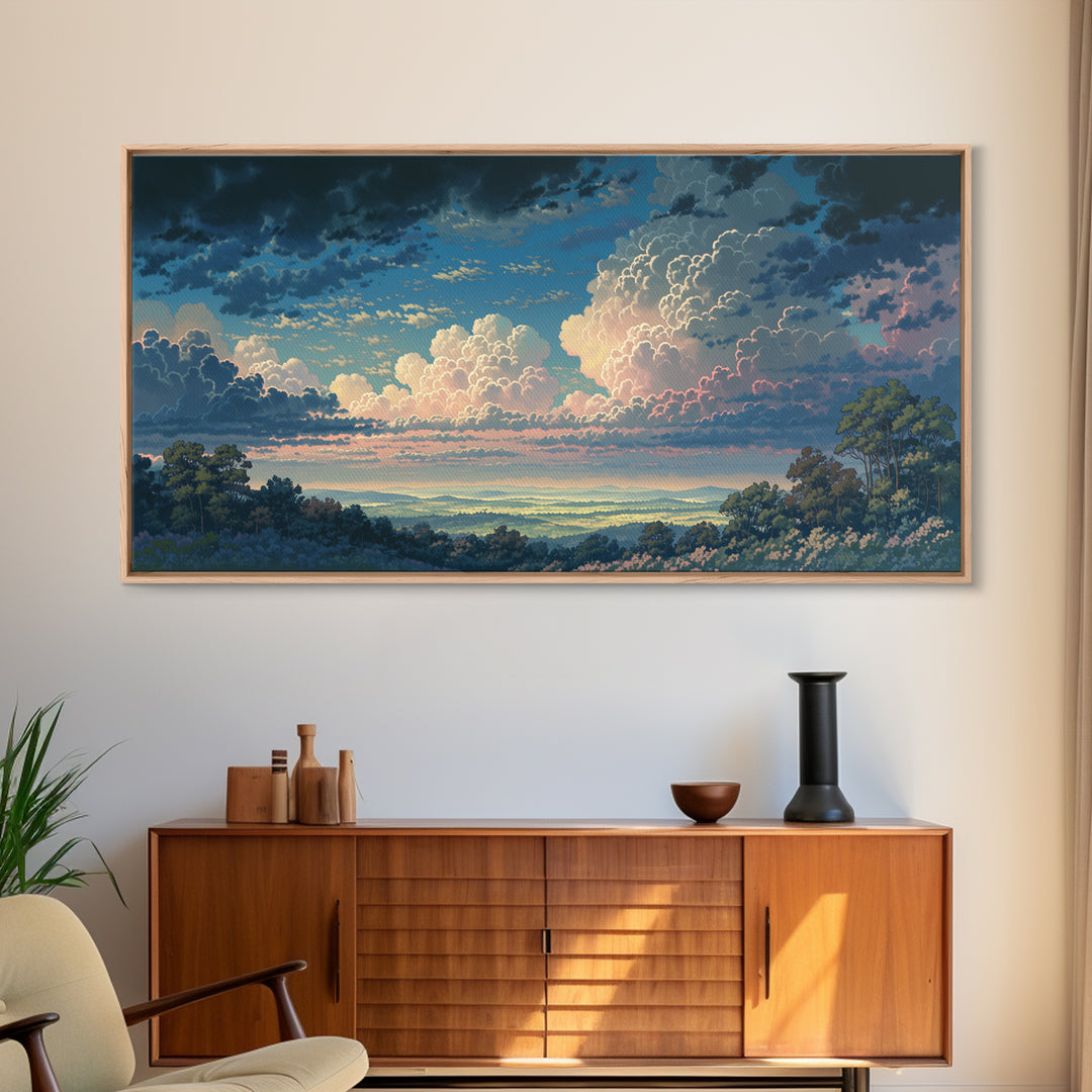 Romantic Cloudscape with Blush and Cream Tones Framed Canvas Print, General Fine Art, Painting, Living Room Decor, Fine Art, GEN-2x1-86