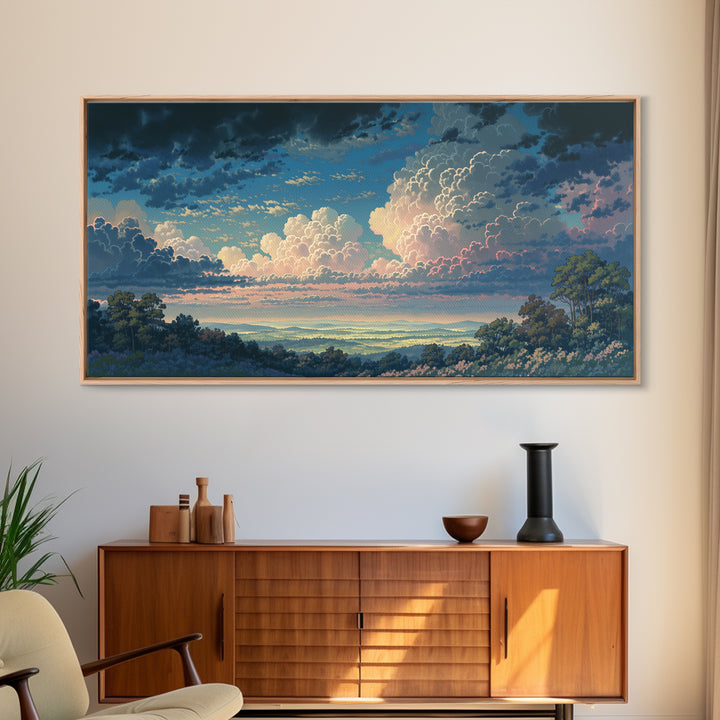 Romantic Cloudscape with Blush and Cream Tones Framed Canvas Print, General Fine Art, Painting, Living Room Decor, Fine Art, GEN-2x1-86