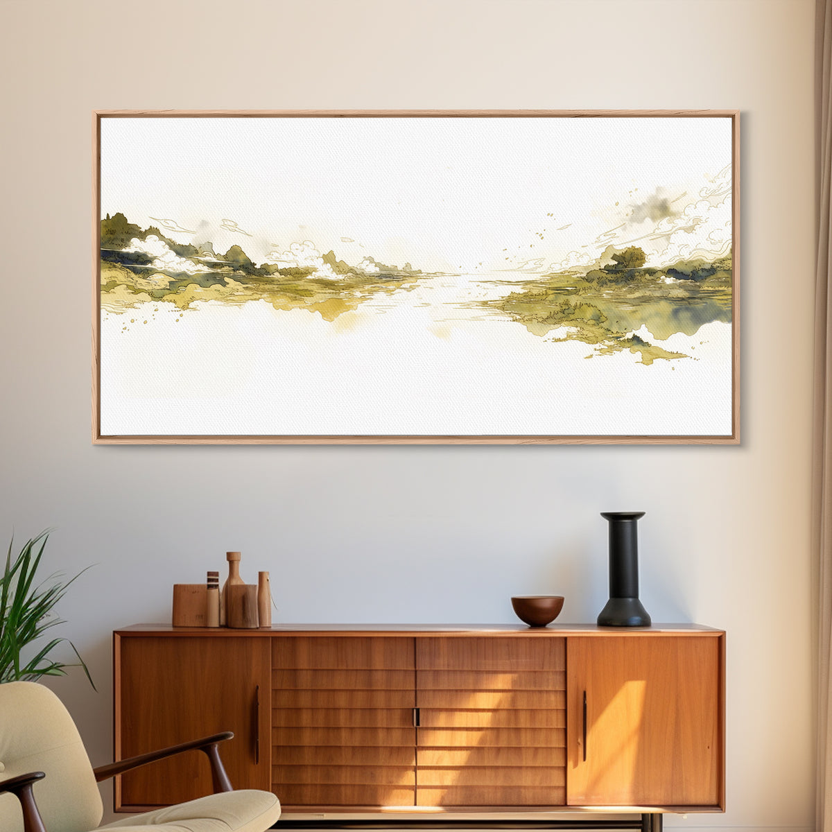 Elegant Ink Wash Landscape Framed Canvas Print, General Fine Art, Printable Wall Art, Living Room Decor, Fine Art, GEN-2x1-88