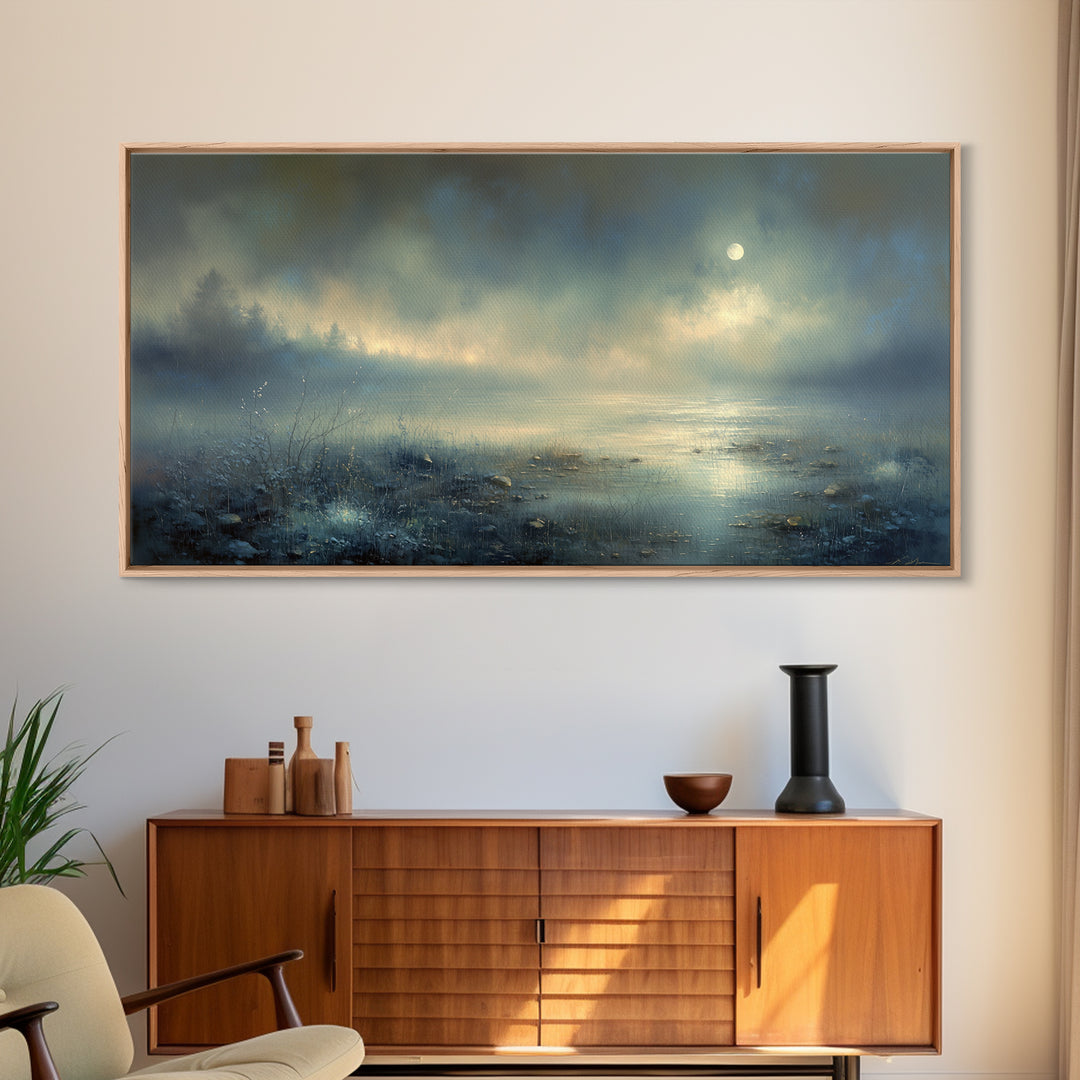 Dreamlike Moonlit Lake Framed Canvas Print, General Fine Art, Art, Living Room Decor, Fine Art, Mid Century Modern, GEN-2x1-9