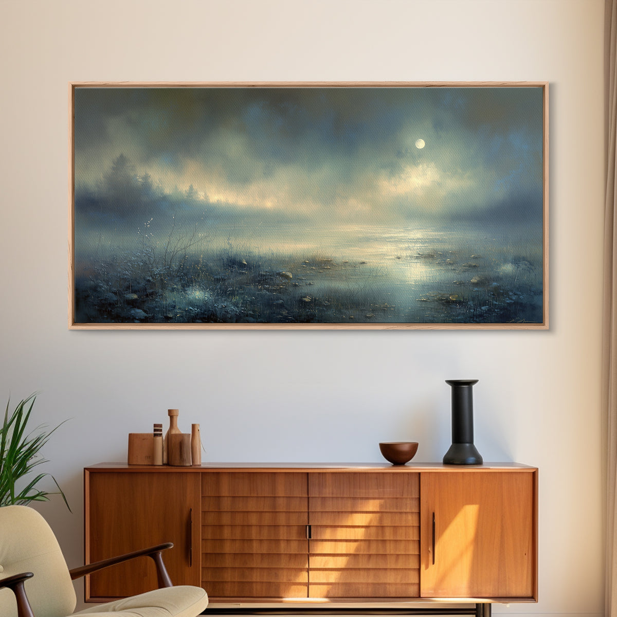 Dreamlike Moonlit Lake Framed Canvas Print, General Fine Art, Art, Living Room Decor, Fine Art, Mid Century Modern, GEN-2x1-9