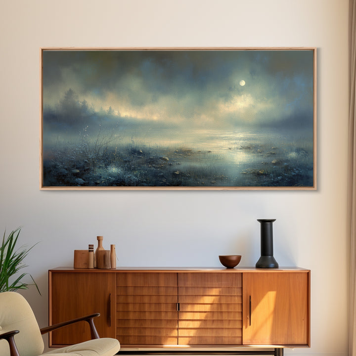 Dreamlike Moonlit Lake Framed Canvas Print, General Fine Art, Art, Living Room Decor, Fine Art, Mid Century Modern, GEN-2x1-9