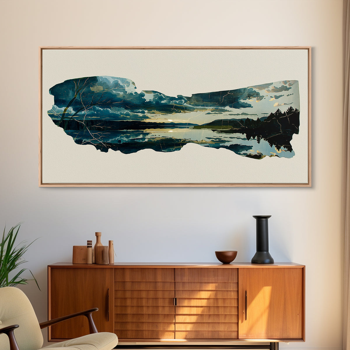 Quiet Abstract River Shape Framed Canvas Print, General Fine Art, Canvas, Living Room Decor, Abstract Art, Canvas Art, GEN-2x1-92