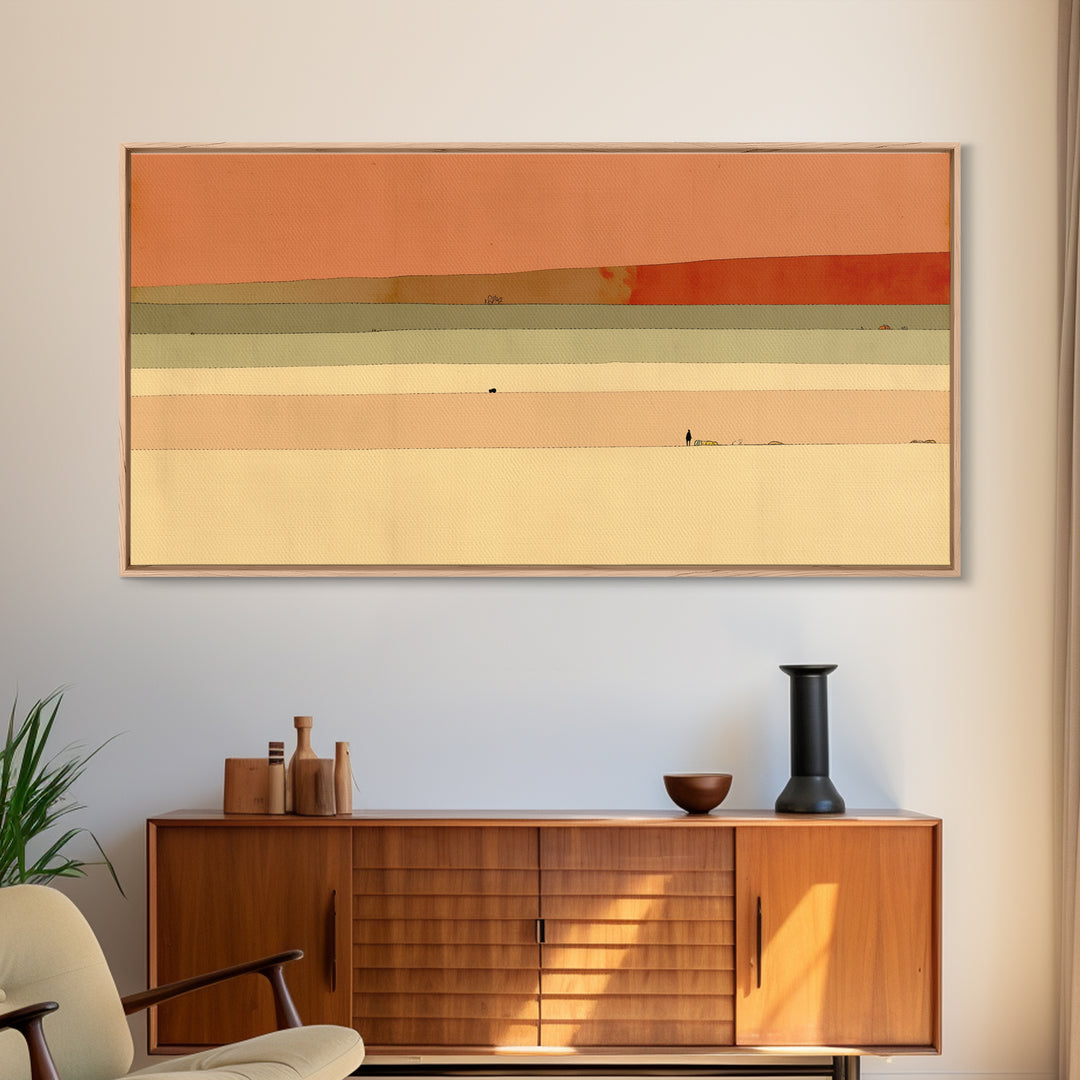 Minimal Black Line Figure on Textured Paper Framed Canvas Print, General Fine Art, Neutral Decor, Living Room Decor, Fine Art, GEN-2x1-95