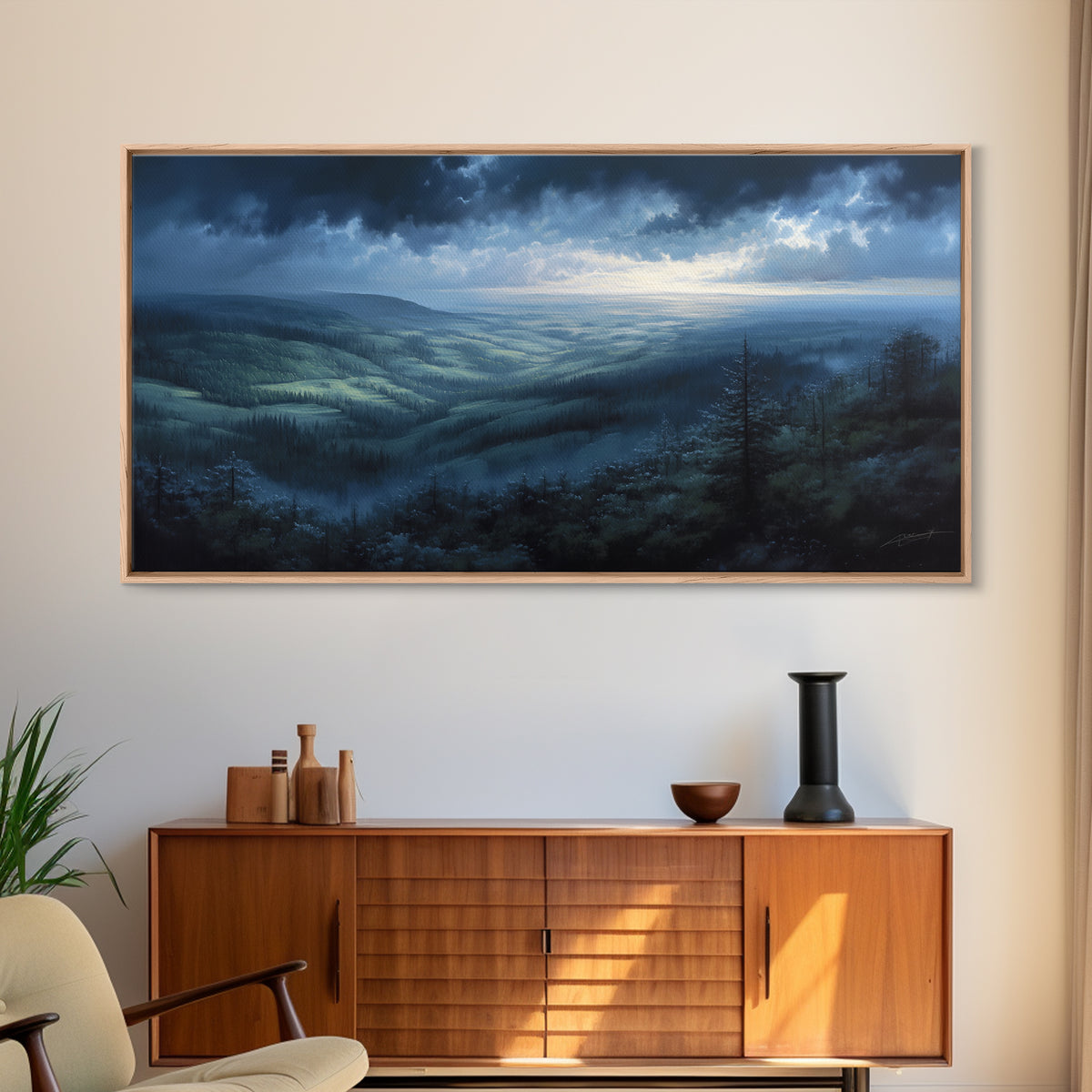 Misty Mountain Valley Framed Canvas Print, General Fine Art, Art Deco, Living Room Decor, Fine Art, Fine Art Print, GEN-2x1-96